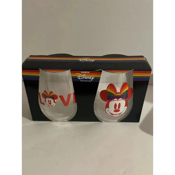 Disney Rainbow Wine Glasses Set of 2 Minnie Mouse 20oz Gift Boxed - Picture 1 of 2